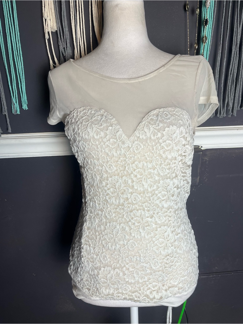 Bebe size large lace bodysuit in white